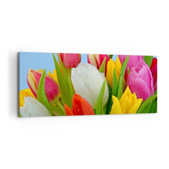 Obraz na płótnie - Kwiatowa tęcza w kroplach rosy - 120x50cm - Tulipany Kwiaty Bukiet Kwiatów - Nowoczesny obraz na ścianę do salonu do sypialni ARTTOR ARTTOR