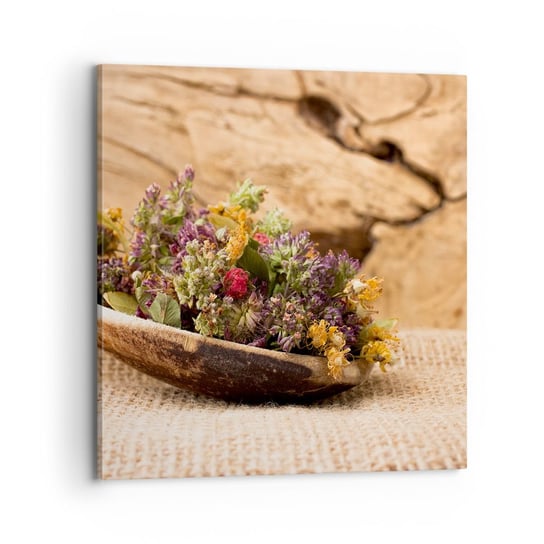 Obraz na płótnie - Kwiecie barwiste i zioła pachnące - 70x70 cm - Obraz nowoczesny - Natura, Suszone Zioła, Kuchnia, Kwiaty, Zielona Herbata - AC70x70-2471 ARTTOR