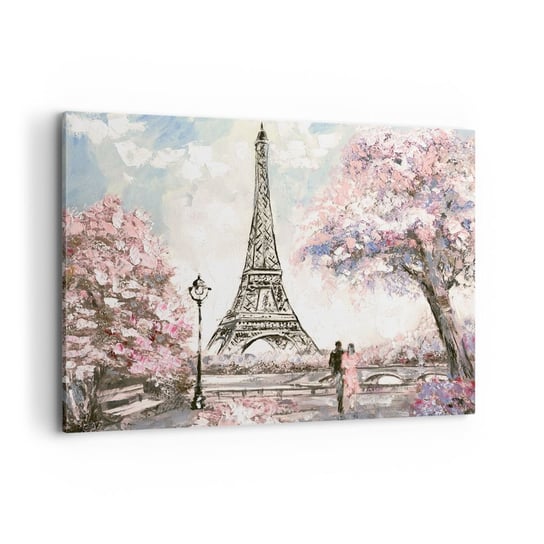 Obraz na płótnie - Kwietniowy spacer po Paryżu - 120x80 cm - Obraz nowoczesny - Miasto, Wieża Eiffla, Parkowa Alejka, Zakochana Para, Paryż - AA120x80-3147 ARTTOR