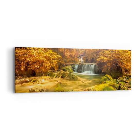 Obraz na płótnie - Leśna kaskada w złocie - 90x30cm - Krajobraz Wodospad Tajlandia - Nowoczesny Canvas obraz do salonu do sypialni ARTTOR ARTTOR