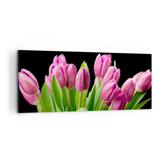 Obraz na płótnie - Liliowa radość wiosny - 100x40cm - Kwiaty Tulipany Bukiet Kwiatów - Nowoczesny foto obraz w ramie do salonu do sypialni ARTTOR ARTTOR