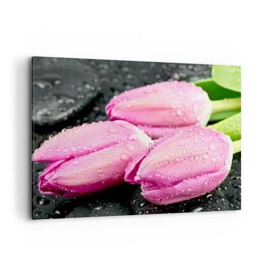 Obraz na płótnie - Liliowa trójka na czarnym kamieniu - 100x70cm - Kwiaty Tulipany Bukiet Kwiatów - Nowoczesny foto obraz w ramie do salonu do sypialni ARTTOR ARTTOR