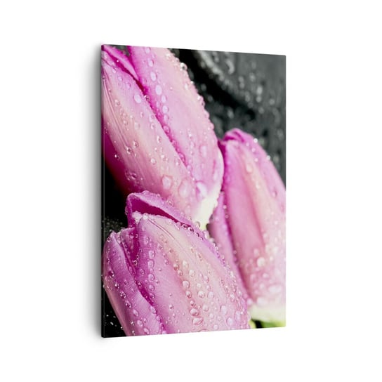 Obraz na płótnie - Liliowa trójka na czarnym kamieniu - 50x70cm - Kwiaty Tulipany Bukiet Kwiatów - Nowoczesny Canvas obraz do salonu do sypialni ARTTOR ARTTOR
