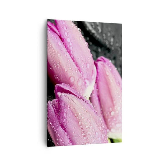 Obraz na płótnie - Liliowa trójka na czarnym kamieniu - 80x120cm - Kwiaty Tulipany Bukiet Kwiatów - Nowoczesny obraz na ścianę do salonu do sypialni ARTTOR ARTTOR