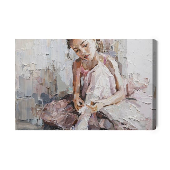 Obraz Na Płótnie Little Ballerina With Curly Hair Sits And Fastens Pointe Shoes . Oil Painting, Palette Knife Technique And Brus Inna marka