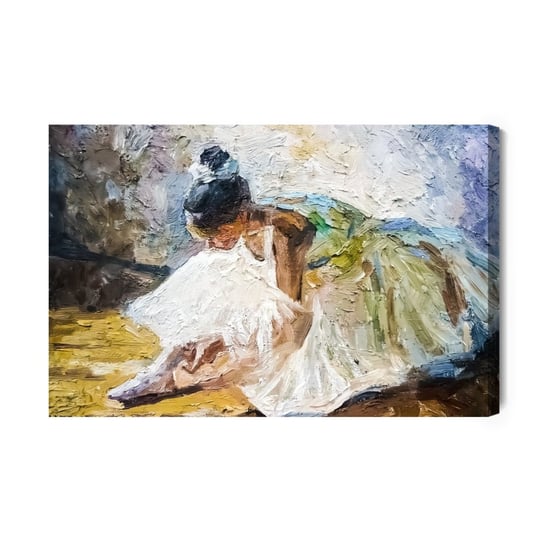 Obraz Na Płótnie Little Girl, Ballerina In A Lush White Ballet Tutu, Tying Pointe Shoes In The Dance Class, Under Bright Dayligh NC Inna marka