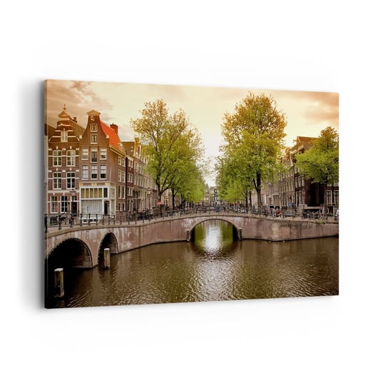 Obraz na płótnie - Łodzią czy rowerem? - 100x70cm - Miasto Amsterdam Kanał Boat Bridge - Nowoczesny foto obraz w ramie do salonu do sypialni ARTTOR ARTTOR