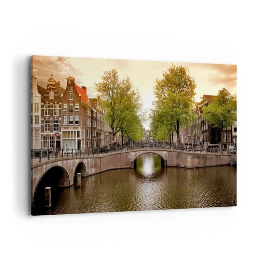 Obraz na płótnie - Łodzią czy rowerem? - 120x80cm - Miasto Amsterdam Kanał Boat Bridge - Nowoczesny obraz na ścianę do salonu do sypialni ARTTOR ARTTOR