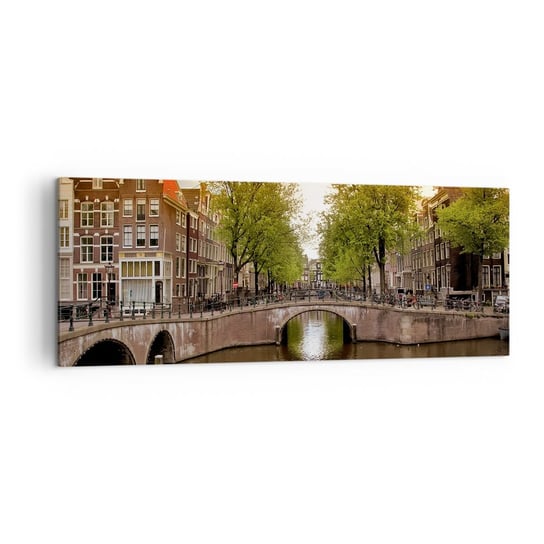 Obraz na płótnie - Łodzią czy rowerem? - 140x50cm - Miasto Amsterdam Kanał Boat Bridge - Nowoczesny Canvas obraz do salonu do sypialni ARTTOR ARTTOR