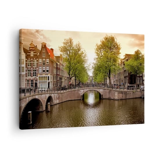 Obraz na płótnie - Łodzią czy rowerem? - 70x50cm - Miasto Amsterdam Kanał Boat Bridge - Nowoczesny Canvas obraz do salonu do sypialni ARTTOR ARTTOR