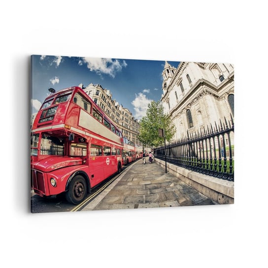 Obraz na płótnie - Londyńska ulica w szarości i czerwieni - 100x70cm - Miasto Londyn Czerwony Autobus - Nowoczesny foto obraz w ramie do salonu do sypialni ARTTOR ARTTOR