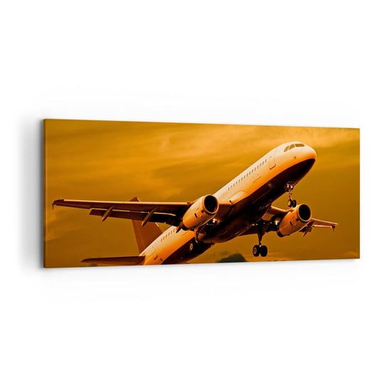 Obraz na płótnie - Lot w stronę słońca - 120x50 cm - Obraz nowoczesny - Samolot, Podróż, Zachód Słońca, Chmury, Niebo - AB120x50-0368 ARTTOR