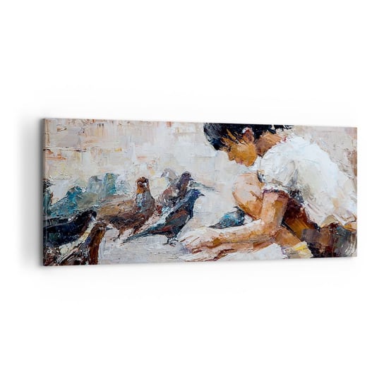 Obraz na płótnie - Maluczcy i najmilsi - 120x50cm - Dziewczynka Gołębie Dla Dzieci - Nowoczesny obraz na ścianę do salonu do sypialni ARTTOR ARTTOR