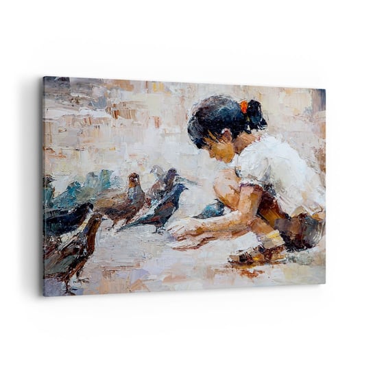 Obraz na płótnie - Maluczcy i najmilsi - 120x80cm - Dziewczynka Gołębie Dla Dzieci - Nowoczesny obraz na ścianę do salonu do sypialni ARTTOR ARTTOR