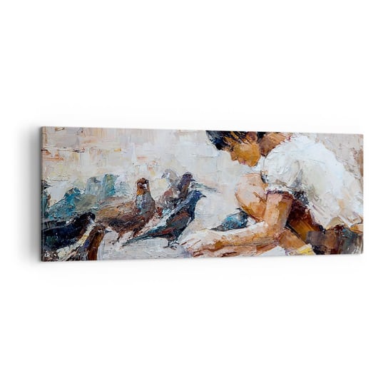 Obraz na płótnie - Maluczcy i najmilsi - 140x50cm - Dziewczynka Gołębie Dla Dzieci - Nowoczesny Canvas obraz do salonu do sypialni ARTTOR ARTTOR