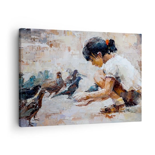 Obraz na płótnie - Maluczcy i najmilsi - 70x50cm - Dziewczynka Gołębie Dla Dzieci - Nowoczesny Canvas obraz do salonu do sypialni ARTTOR ARTTOR