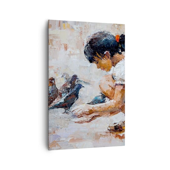 Obraz na płótnie - Maluczcy i najmilsi - 80x120cm - Dziewczynka Gołębie Dla Dzieci - Nowoczesny obraz na ścianę do salonu do sypialni ARTTOR ARTTOR