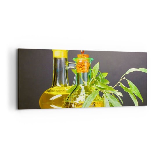 Obraz na płótnie - Martwa natura z oliwkami i oliwą - 100x40cm - Gastronomia Oliwki Oliwa - Nowoczesny foto obraz w ramie do salonu do sypialni ARTTOR ARTTOR