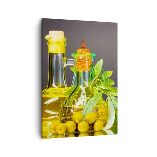Obraz na płótnie - Martwa natura z oliwkami i oliwą - 50x70cm - Gastronomia Oliwki Oliwa - Nowoczesny Canvas obraz do salonu do sypialni ARTTOR ARTTOR