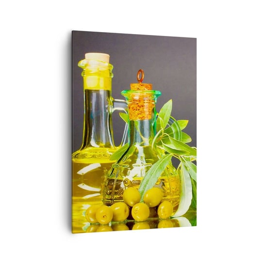 Obraz na płótnie - Martwa natura z oliwkami i oliwą - 70x100cm - Gastronomia Oliwki Oliwa - Nowoczesny foto obraz w ramie do salonu do sypialni ARTTOR ARTTOR