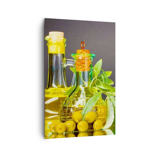 Obraz na płótnie - Martwa natura z oliwkami i oliwą - 80x120cm - Gastronomia Oliwki Oliwa - Nowoczesny obraz na ścianę do salonu do sypialni ARTTOR ARTTOR