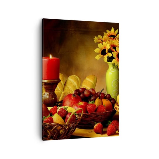 Obraz na płótnie - Martwa natura z pieczywem i owocami - 50x70cm - Gastronomia Kwiaty Owoce - Nowoczesny Canvas obraz do salonu do sypialni ARTTOR ARTTOR