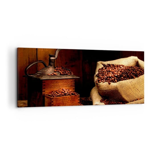 Obraz na płótnie - Martwa natura z ziarnami kawy i młynkiem - 100x40cm - Gastronomia Kawa Młynek Do Kawy - Nowoczesny foto obraz w ramie do salonu do sypialni ARTTOR ARTTOR