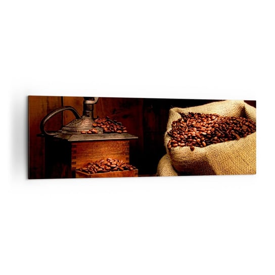 Obraz na płótnie - Martwa natura z ziarnami kawy i młynkiem - 160x50cm - Gastronomia Kawa Młynek Do Kawy - Nowoczesny foto obraz w ramie do salonu do sypialni ARTTOR ARTTOR