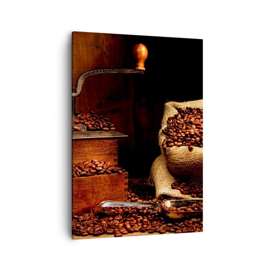 Obraz na płótnie - Martwa natura z ziarnami kawy i młynkiem - 50x70cm - Gastronomia Kawa Młynek Do Kawy - Nowoczesny Canvas obraz do salonu do sypialni ARTTOR ARTTOR