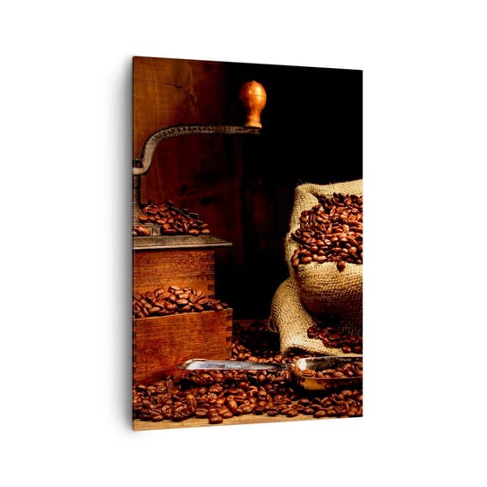 Obraz na płótnie - Martwa natura z ziarnami kawy i młynkiem - 70x100cm - Gastronomia Kawa Młynek Do Kawy - Nowoczesny foto obraz w ramie do salonu do sypialni ARTTOR ARTTOR