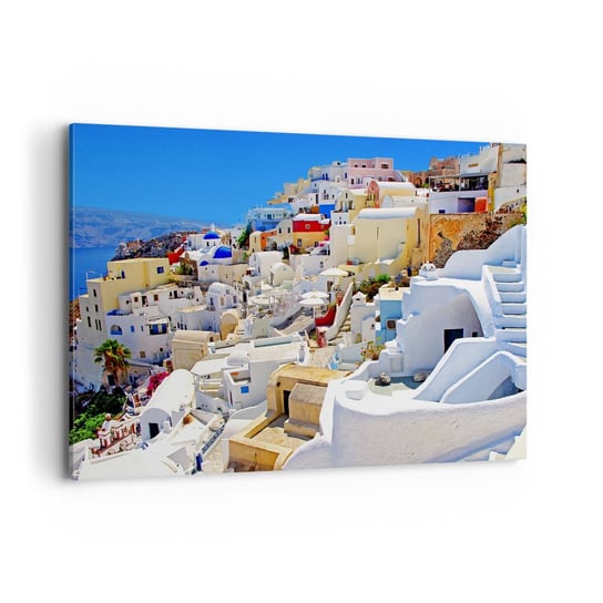 Obraz na płótnie - Marzenie o greckim lecie - 100x70cm - Architektura Krajobraz Santorini - Nowoczesny foto obraz w ramie do salonu do sypialni ARTTOR ARTTOR