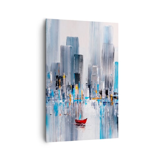 Obraz na płótnie - Metropolia nad zatoką - 80x120cm - Nowy Jork Budynki Łódka - Nowoczesny obraz na ścianę do salonu do sypialni ARTTOR ARTTOR