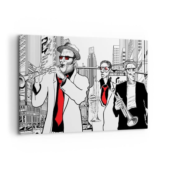 Obraz na płótnie - Miejska rapsodia w czerni i czerwieni - 100x70cm - Nowy Jork Jazz Muzyka - Nowoczesny foto obraz w ramie do salonu do sypialni ARTTOR ARTTOR