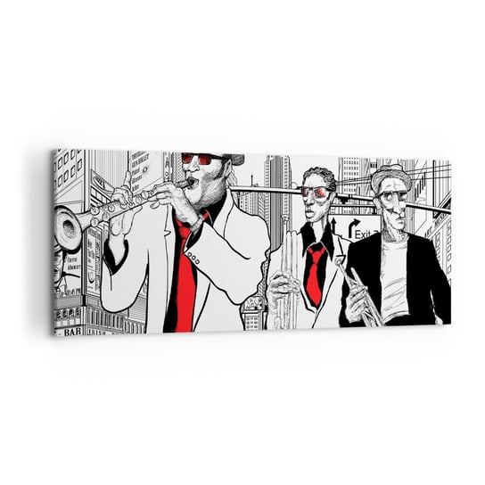 Obraz na płótnie - Miejska rapsodia w czerni i czerwieni - 120x50cm - Nowy Jork Jazz Muzyka - Nowoczesny obraz na ścianę do salonu do sypialni ARTTOR ARTTOR