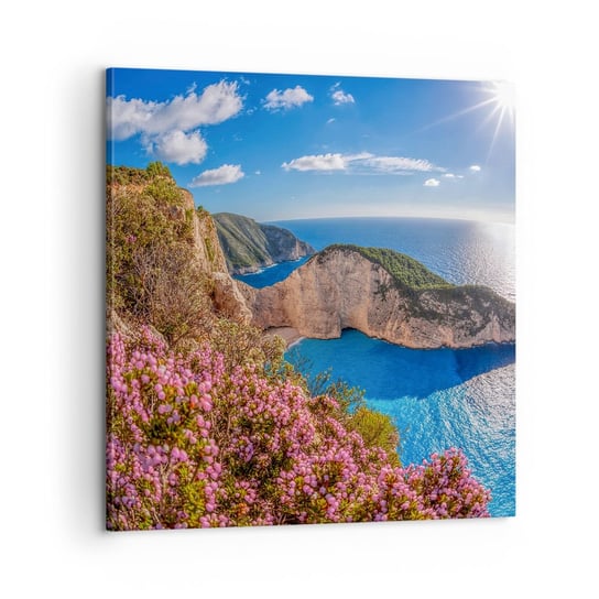 Obraz na płótnie - Moje wielkie greckie wakacje - 60x60 cm - Obraz nowoczesny - Krajobraz, Morze, Grecja, Kwiaty, Podróże - AC60x60-3741 ARTTOR