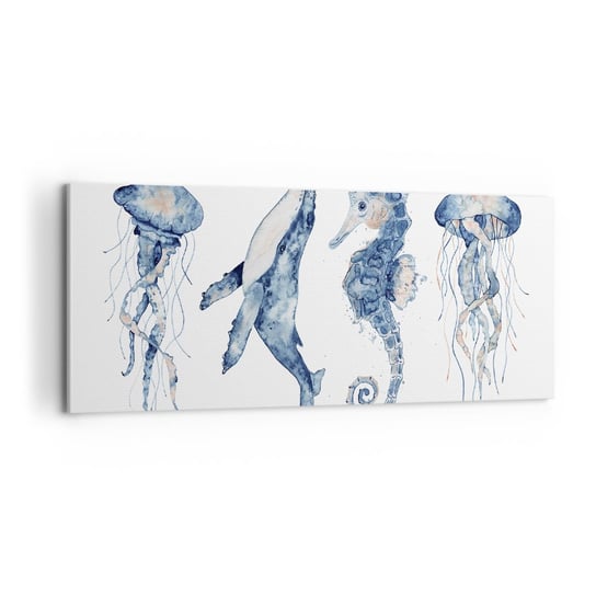 Obraz na płótnie - Morskie dziwy - 100x40cm - Morskie Zwierzęta Konik Morski Meduza - Nowoczesny foto obraz w ramie do salonu do sypialni ARTTOR ARTTOR