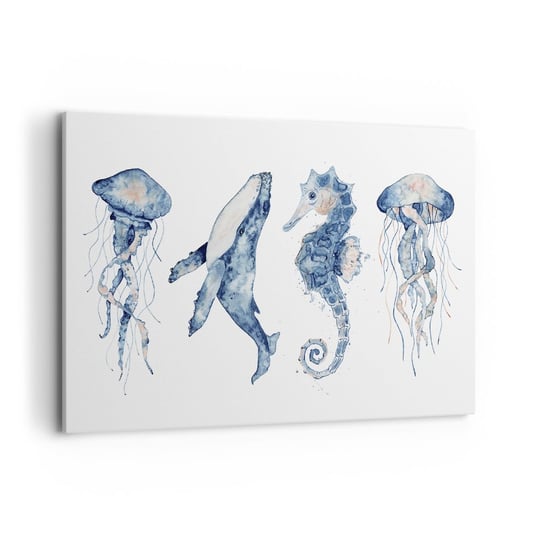 Obraz na płótnie - Morskie dziwy - 100x70cm - Morskie Zwierzęta Konik Morski Meduza - Nowoczesny foto obraz w ramie do salonu do sypialni ARTTOR ARTTOR