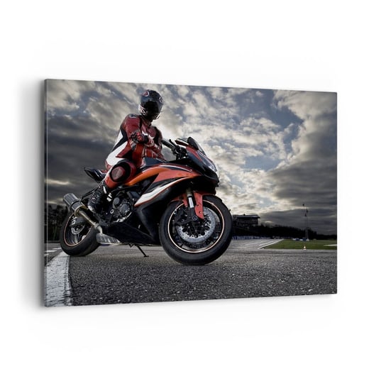 Obraz na płótnie - Mroczny jeździec - 100x70cm - Motoryzacja Motocykl Wyścig - Nowoczesny foto obraz w ramie do salonu do sypialni ARTTOR ARTTOR