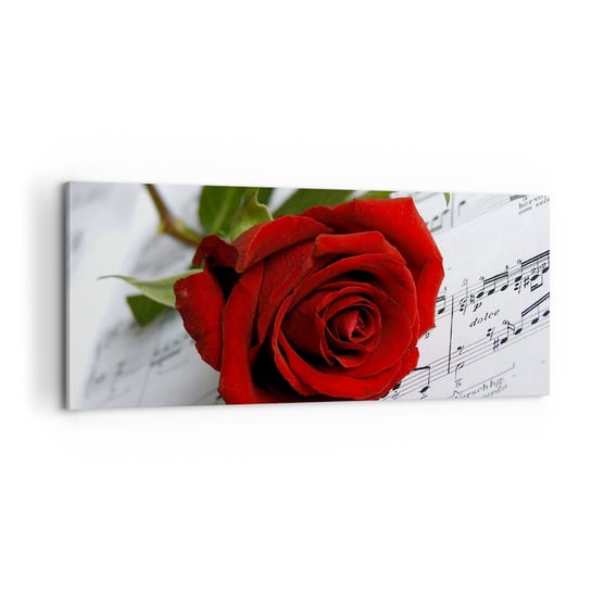 Obraz na płótnie - Muzyka uczuć w szkarłacie - 100x40cm - Kwiaty Róża Muzyka - Nowoczesny foto obraz w ramie do salonu do sypialni ARTTOR ARTTOR