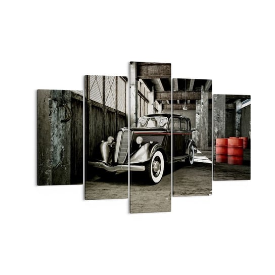 Obraz na płótnie - Nieprzemijająca elegancja lat 30. - 150x100 cm - Obraz nowoczesny - Motoryzacja, Samochód Retro, Magazyn Fabryczny, Beczka Z Benzyną, Czarno-Biały - EA150x100-2557 ARTTOR