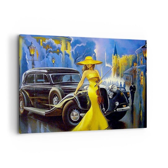 Obraz na płótnie - Nokturn na skrzypce i miłość - 100x70cm - Samochód Retro Kobieta W Kapeluszu Pałac - Nowoczesny foto obraz w ramie do salonu do sypialni ARTTOR ARTTOR