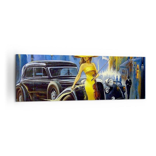 Obraz na płótnie - Nokturn na skrzypce i miłość - 160x50cm - Samochód Retro Kobieta W Kapeluszu Pałac - Nowoczesny foto obraz w ramie do salonu do sypialni ARTTOR ARTTOR