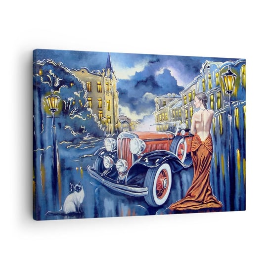 Obraz na płótnie - Nokturn w błękicie i koralu - 70x50cm - Samochód Retro Kobieta W Sukni Balowej Pałac - Nowoczesny Canvas obraz do salonu do sypialni ARTTOR ARTTOR