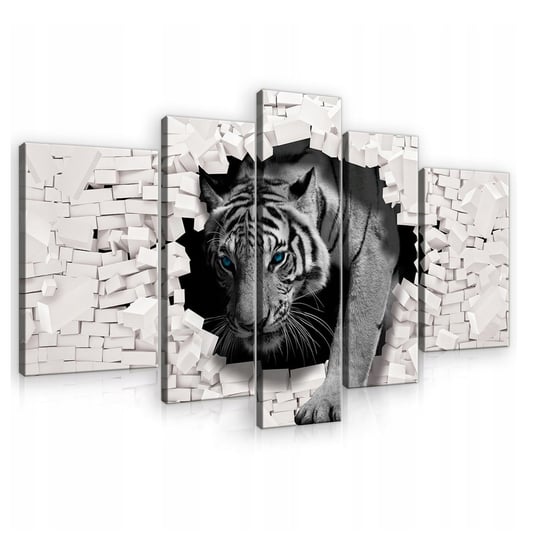 Obraz Na Płótnie Nowoczesny 5 Części Set Xxl Na Ścianę Do Sypialni Salonu Tygrys Mur Duży Tryptyk 3D 170X100 Consalnet