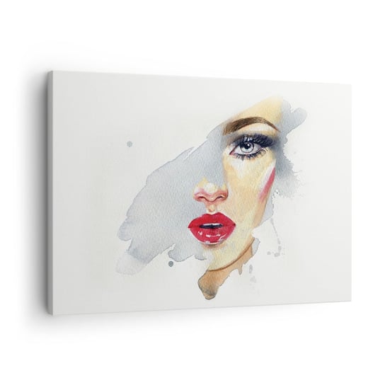 Obraz na płótnie - Odbicie w kropli wody - 70x50cm - Twarz Kobiety Kobieta Czerwone Usta - Nowoczesny Canvas obraz do salonu do sypialni ARTTOR ARTTOR