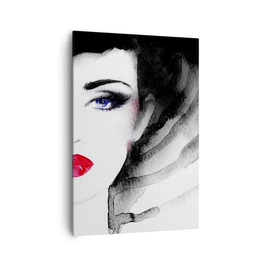 Obraz na płótnie - Odpycha i przyzywa - 70x100cm - Twarz Kobiety Czerwone Usta Niebieskie Oczy - Nowoczesny foto obraz w ramie do salonu do sypialni ARTTOR ARTTOR