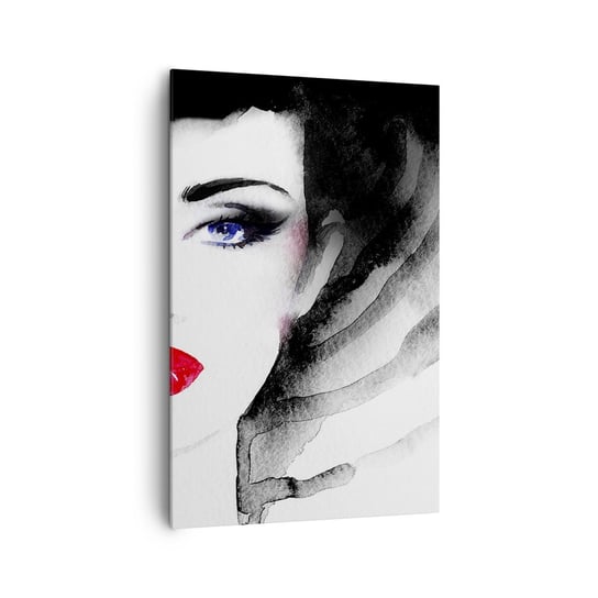 Obraz na płótnie - Odpycha i przyzywa - 80x120cm - Twarz Kobiety Czerwone Usta Niebieskie Oczy - Nowoczesny obraz na ścianę do salonu do sypialni ARTTOR ARTTOR