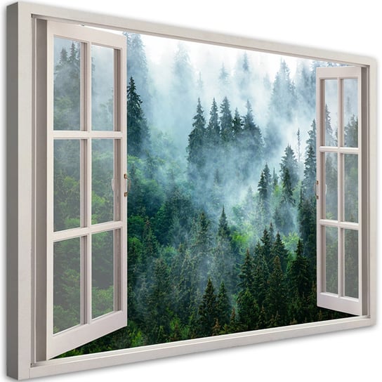 Obraz na płótnie, Okno Zielony las we mgle natura - 100x70 Inna marka