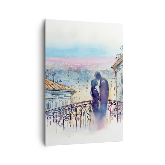 Obraz na płótnie - Paryscy kochankowie - 70x100cm - Architektura Miasto Para Zakochanych - Nowoczesny foto obraz w ramie do salonu do sypialni ARTTOR ARTTOR