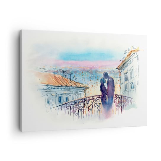 Obraz na płótnie - Paryscy kochankowie - 70x50cm - Architektura Miasto Para Zakochanych - Nowoczesny Canvas obraz do salonu do sypialni ARTTOR ARTTOR